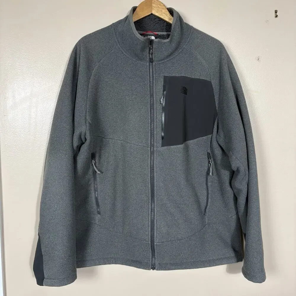 The North Face Mens XL Gray Full Zip Fleece Jacket Softshell Chest Pocket Travel